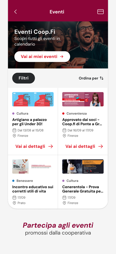 Schermata dell'app mobile Coop.fi che mostra un elenco curato di eventi comunitari in Toscana, incluse attività culturali e workshop sul benessere.