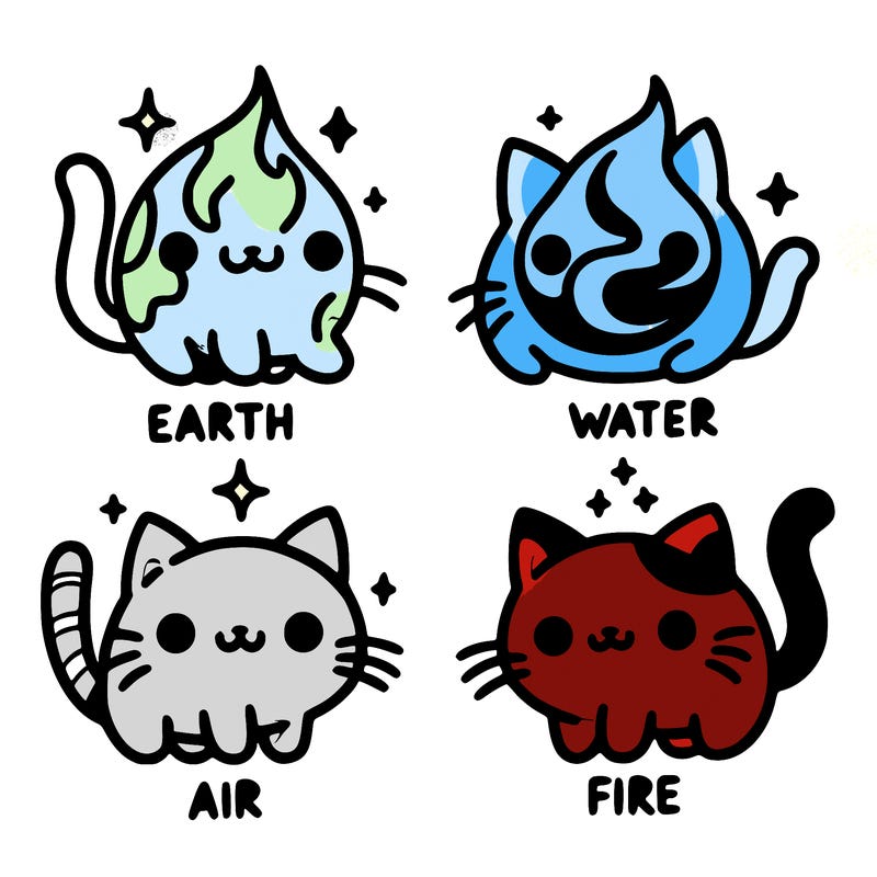4 cats that represent the different elements, earth, water, air, and fire