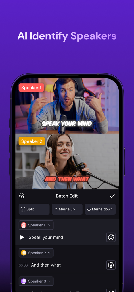 Zeemo:AI Video & Caption Tool - Captura de pantalla de la app Zeemo mostrando IA identificando y etiquetando múltiples hablantes para subtítulos de vídeo