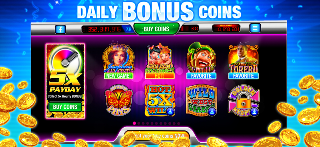 Xtreme Vegas 777 classic slots game lobby showing various 3-reel slot machine themes and daily bonus coin offers