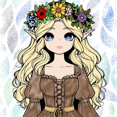 realistic elf girl wearing flower crown and dress