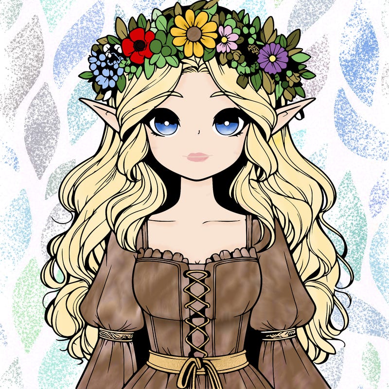 realistic elf girl wearing flower crown and dress