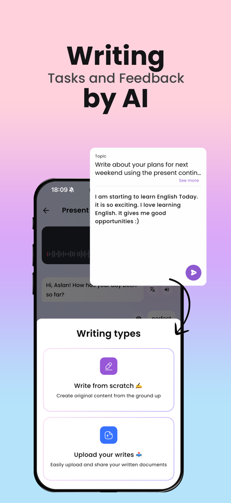 Interfaccia dell'app Enverson AI che mostra compiti di scrittura in inglese e opzioni di feedback AI.