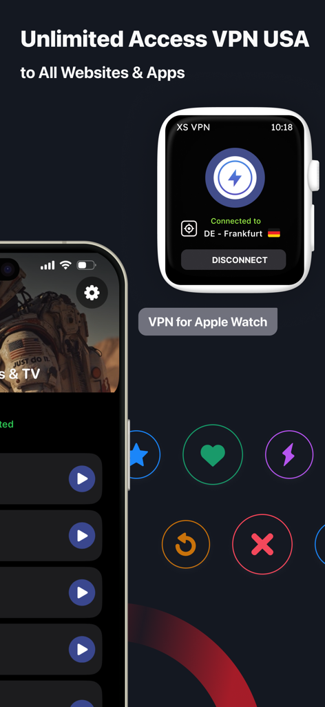 XS VPN: Fast & Secure Proxy - XS VPN app displaying connection status on iPhone and Apple Watch