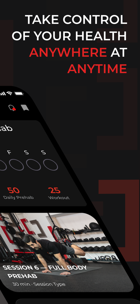Prehab: Physical Therapy, Pain - Interface do aplicativo Prehab mostrando uma sessão de treino de corpo inteiro de 30 minutos com o slogan "Assuma o controle da sua saúde em qualquer lugar e a qualquer hora."