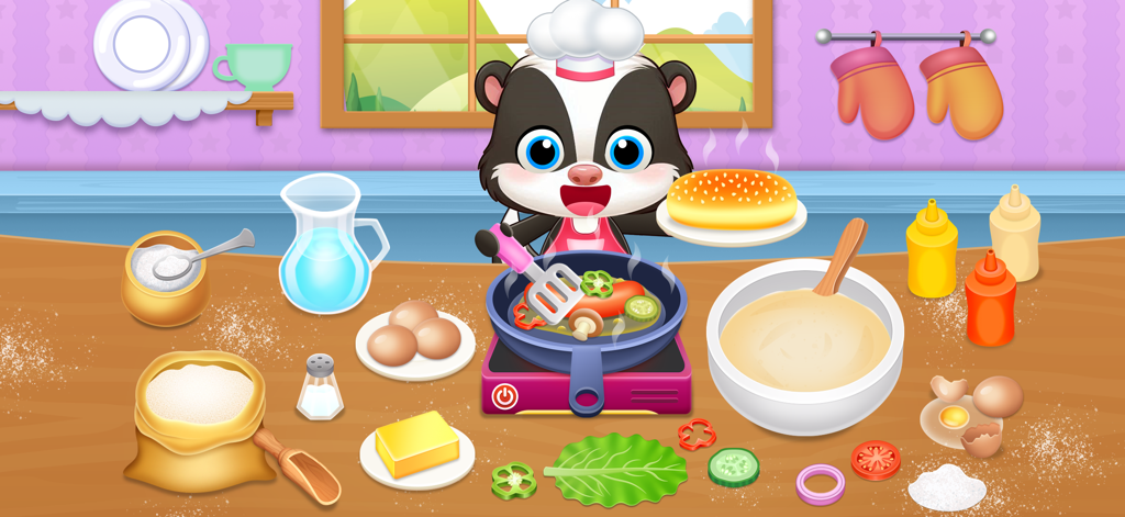 Kids Cooking Game 2+ year olds - A cute cartoon badger chef preparing food in a colorful kitchen