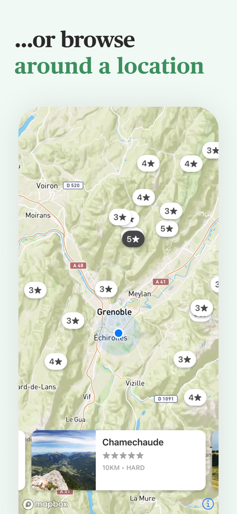 Hika - Hiking trails and maps - Vue de la carte de l'application Hika montrant les sentiers de randonnée autour de Grenoble avec des notes d'étoiles et un aperçu du trek.