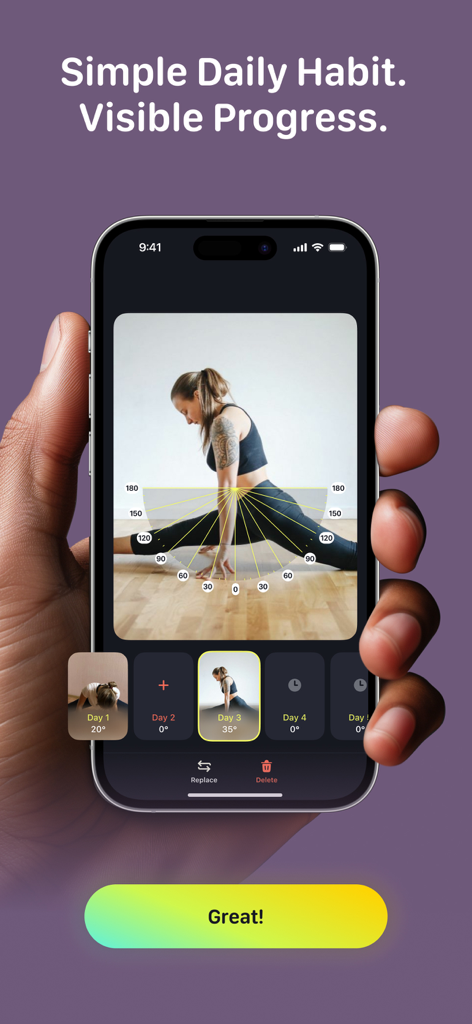 Una mano sosteniendo un iPhone que muestra la interfaz de la aplicación Stretch 30 donde el progreso de los splits de una mujer se mide usando una herramienta de superposición angular a lo largo de una línea de tiempo de 30 días.