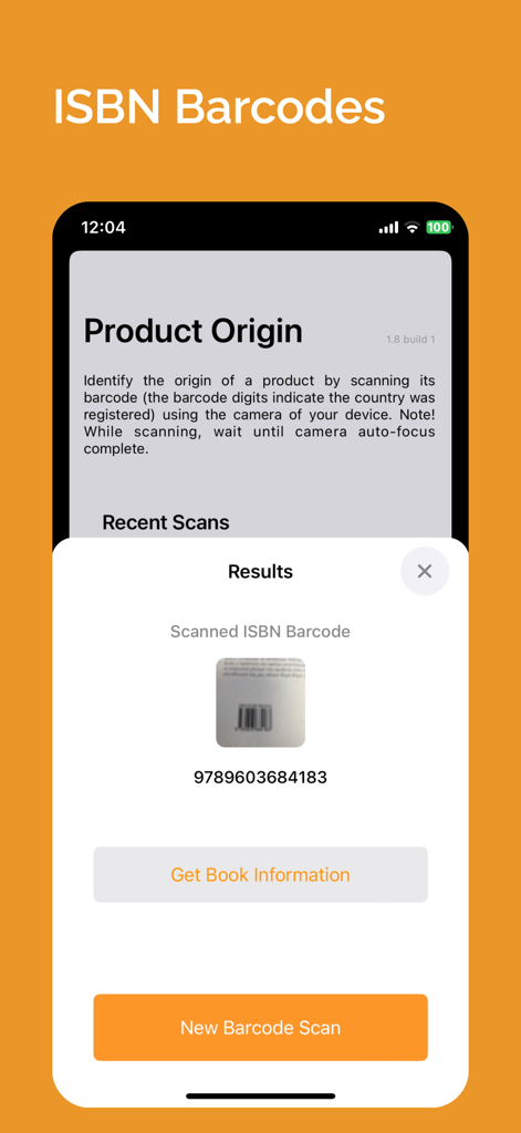 Product Origin app interface showing ISBN barcode scan results for a book.