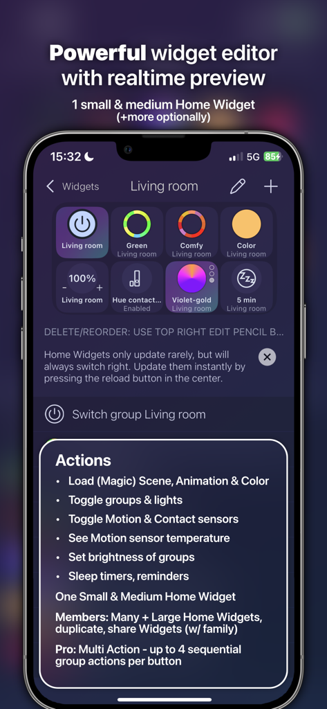 iConnectHue for Philips Hue - iConnectHue widget editor interface on an iPhone showing customizable actions for Philips Hue lighting and smart sensors