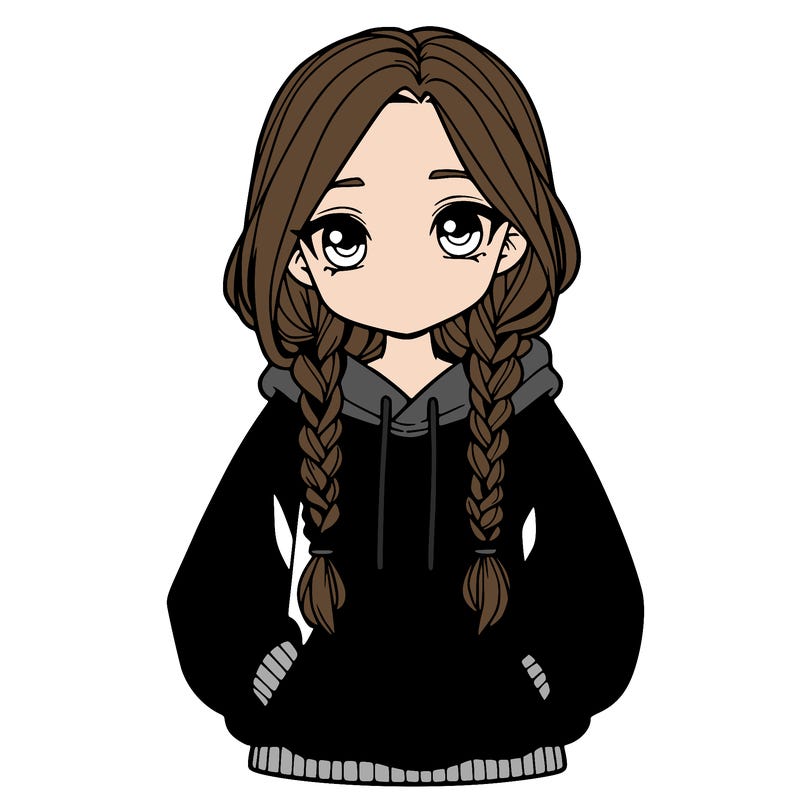 a realistic girl with a oversized hoodie and she has braids