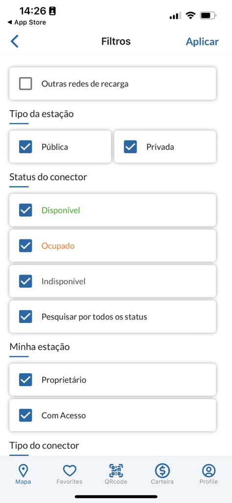 Eletroposto Celesc - Filter options in Eletroposto Celesc app for EV charging stations including status and station type