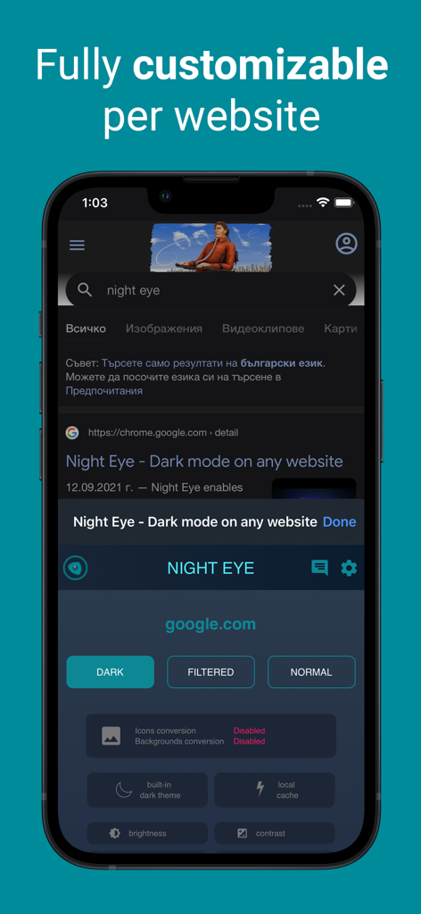 Dark Mode for Safari: NightEye - iPhone screenshot showing customization options for the Night Eye Safari extension on a Google search page in dark mode