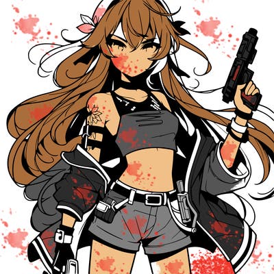 bad girl wearing crop top holding a gun long hair anime
