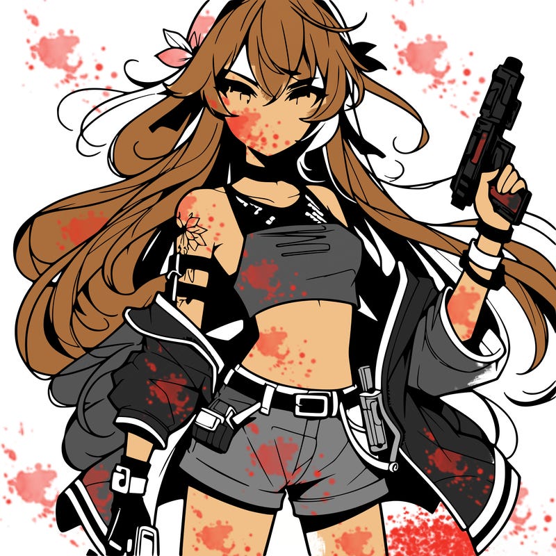 bad girl wearing crop top holding a gun long hair anime
