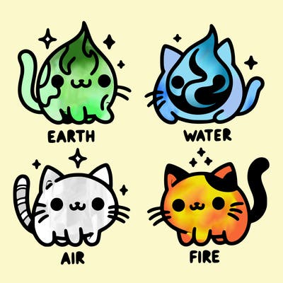 4 cats that represent the different elements, earth, water, air, and fire