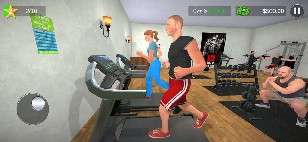 Fitness Gym Simulator Game 3D - Characters exercising on treadmills and performing squats in a 3D gym simulation environment