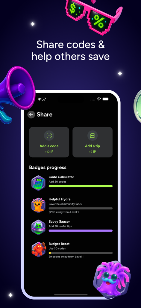 SimplyCodes: Coupons & Rewards - SimplyCodes app screen showing the share feature and badge progress for the shopping community