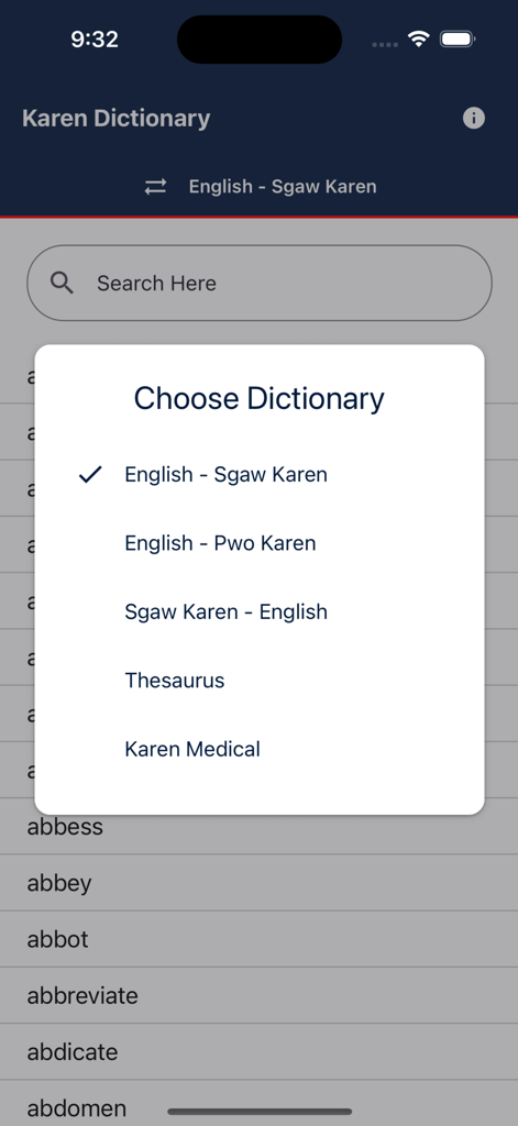 The Karen Dictionary - A selection menu in the Karen Dictionary app showing English Sgaw Karen Pwo Karen and Medical dictionary options