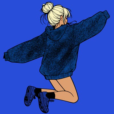 realistic girl jumping with a bun and oversized sweatshirt