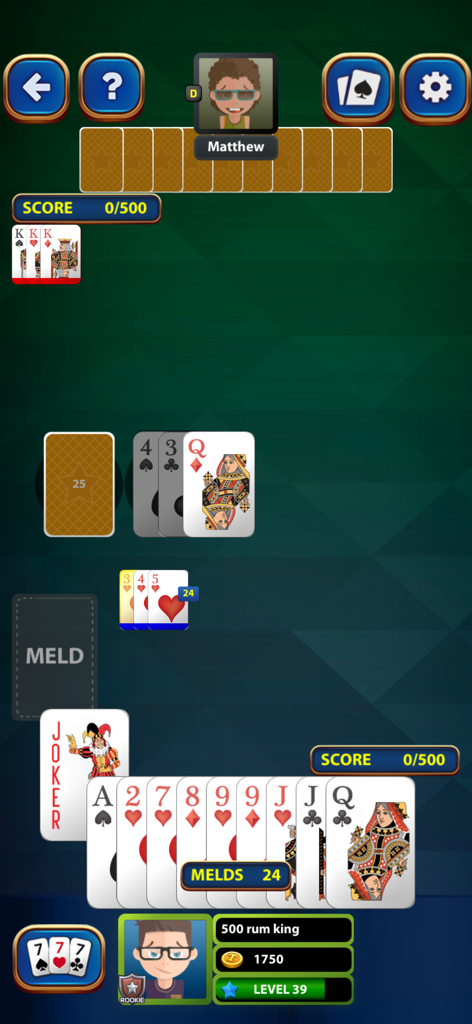 Rummy 500 Classic Card Game - A gameplay screenshot of Rummy 500 Classic Card Game showing a hand of cards and a computer opponent