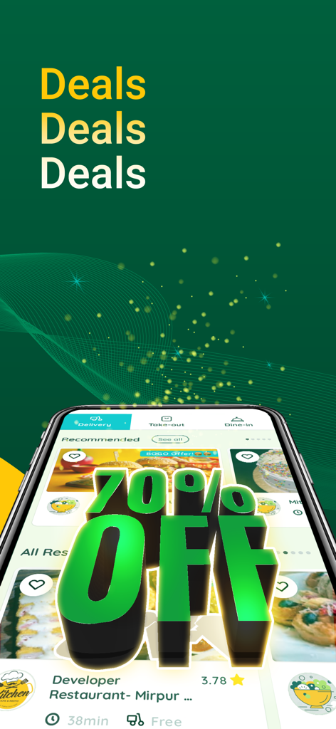 KhaoDao - KhaoDao app promotional screen showing 70 percent off on food orders.