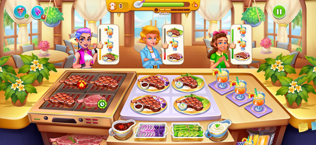 Cooking Food: Restaurant Games - A gameplay screen of a restaurant game showing steaks on a grill and drinks being served to customers.