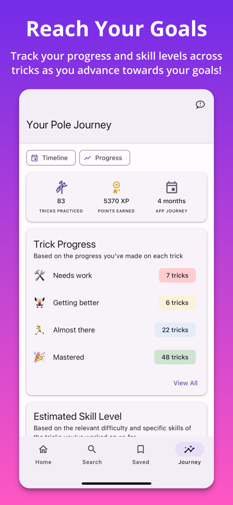 That Pole App - That Pole App dashboard showing pole fitness trick progress and mastery stats.