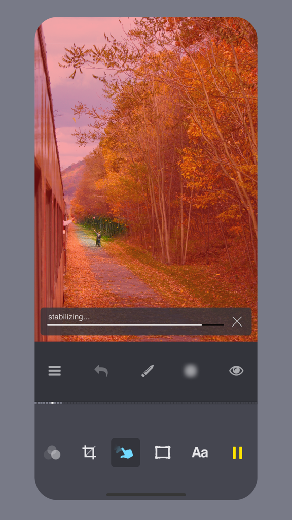 Giffer Pro GIF Maker - Interfaz de la aplicación Giffer Pro mostrando estabilización de vídeo para un cinemagraph de un paisaje otoñal.