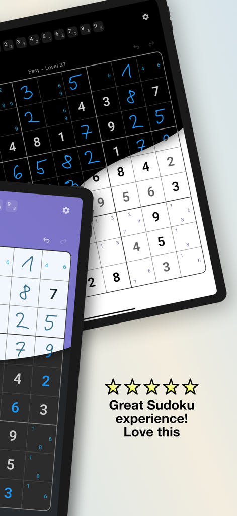Interfaz de la aplicación Sudoku Paperlike en iPad y iPhone con números escritos a mano y una reseña de usuario de cinco estrellas
