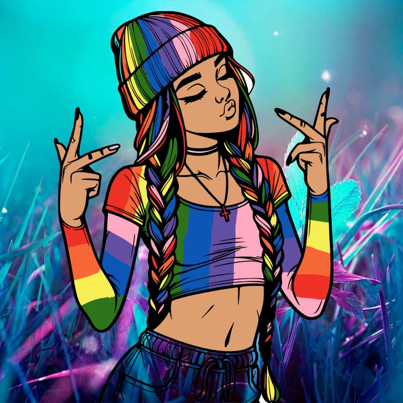 realistic teenage girl with braids and a beanie and crop top doing 🫶🏼