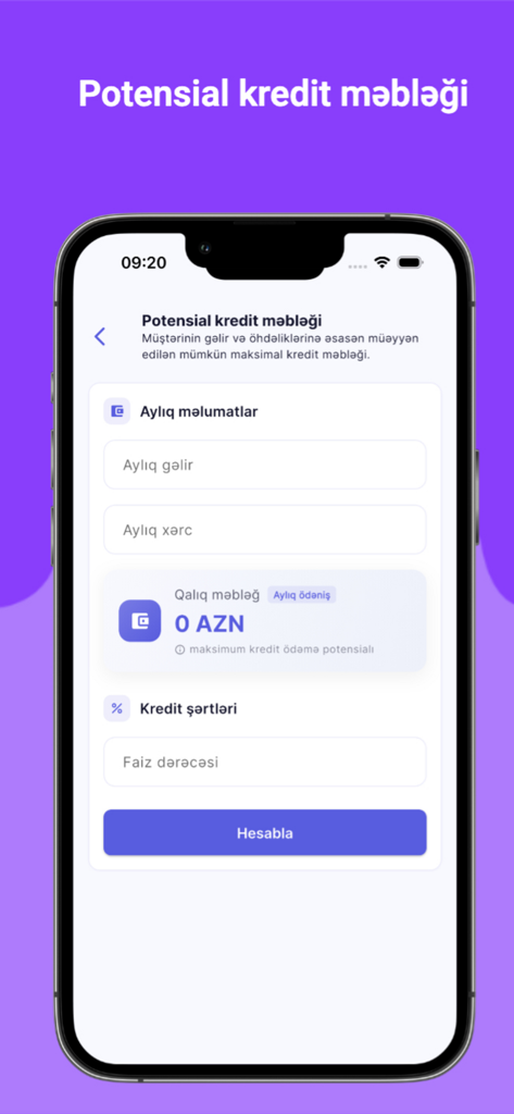 Kredit Hesabla - PulApp - Interfaz de la aplicación móvil PulApp que muestra la pantalla de la calculadora de monto potencial de préstamo en azerbaiyano.