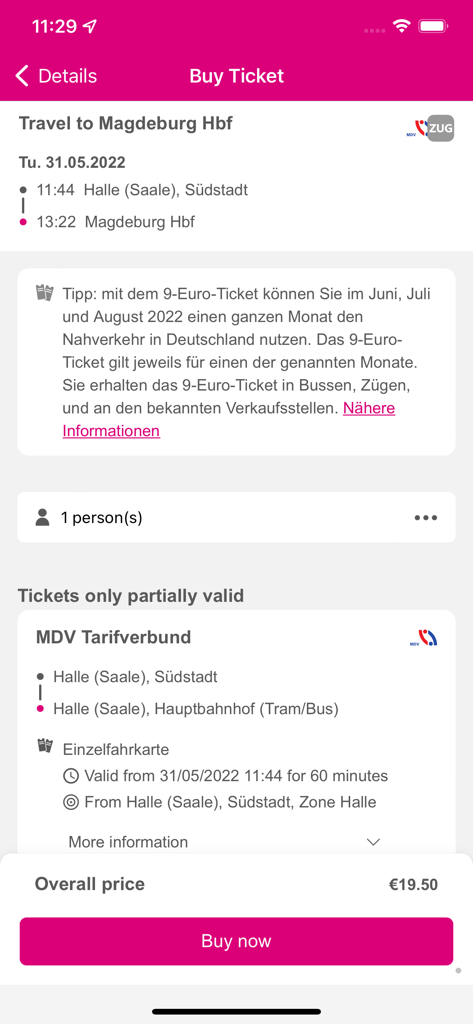 Mobile Bildschirmansicht der INSA-App, die den Ticketkaufprozess für eine Fahrt von Halle nach Magdeburg zeigt.