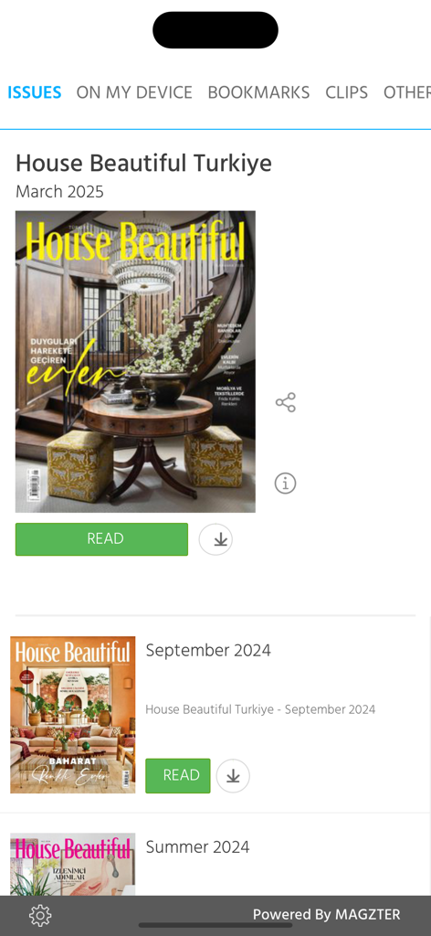 House Beautiful Turkiye - Digital library interface of the House Beautiful Turkiye magazine app featuring luxury home decor issues.