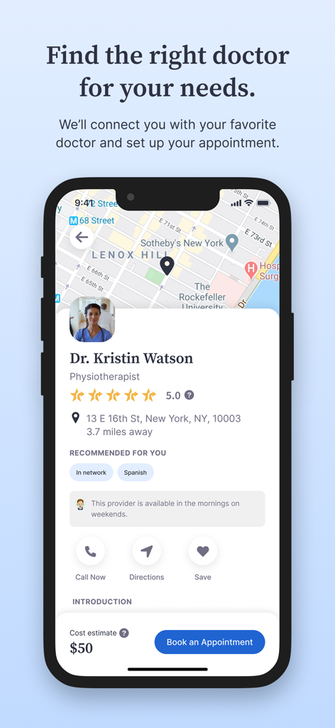 Rightway Healthcare - Rightway Healthcare app screen showing a doctor profile for Kristin Watson with ratings location and booking options
