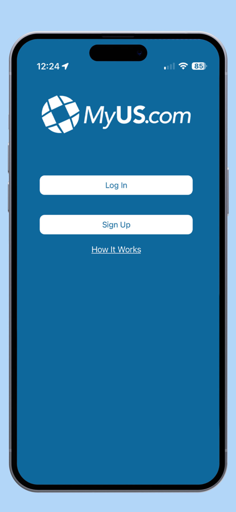 Pantalla de inicio de sesión y registro de la App de Envíos Globales MyUS con el logo de la empresa