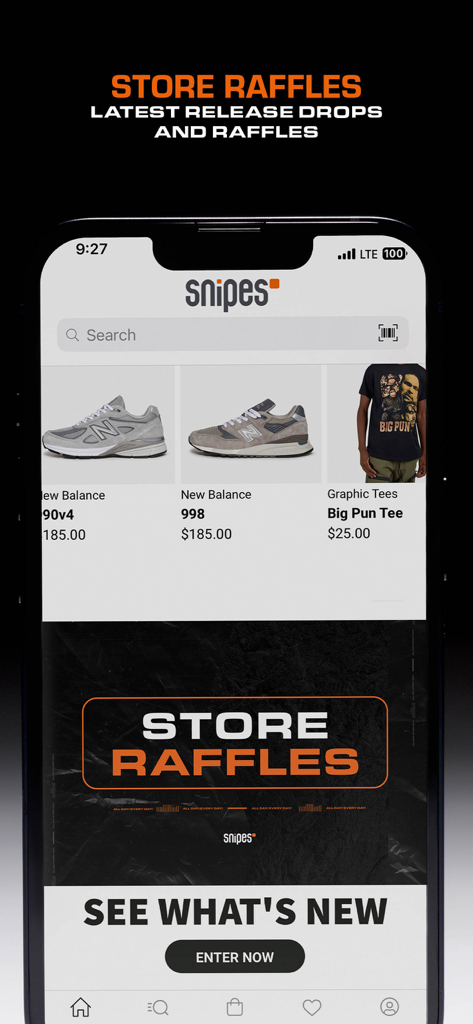 Interface of the SNIPES mobile app showing sneaker raffles and new streetwear releases