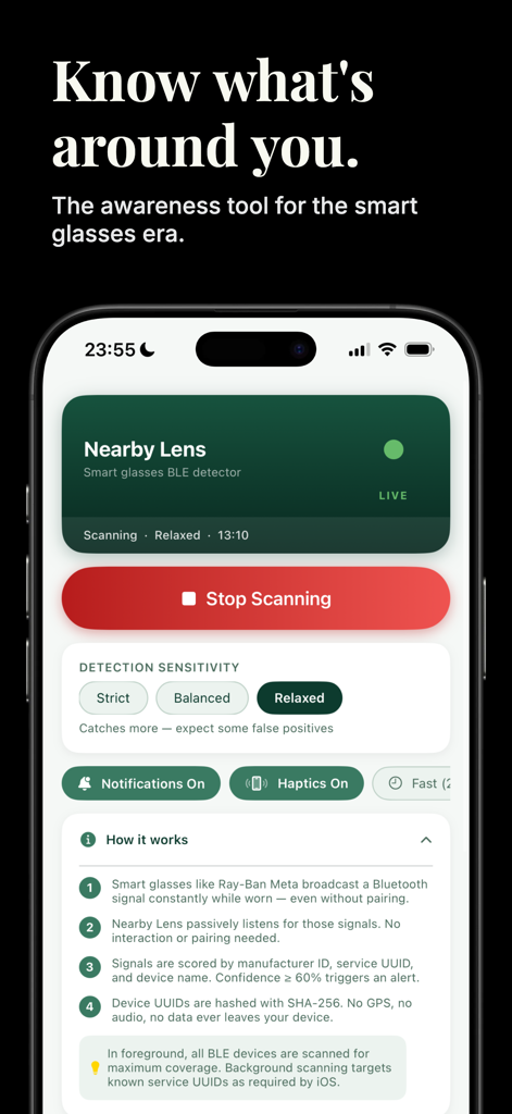Nearby Lens app dashboard showing active smart glasses scanning with sensitivity controls and privacy features