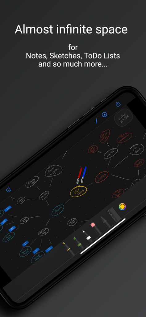 myNotes - Whiteboard - Digital whiteboard app on iPhone displaying a Star Wars mind map on an infinite dark canvas with drawing tools.