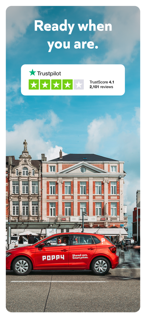 A red Poppy shared car parked on a city street with a Trustpilot rating banner above it