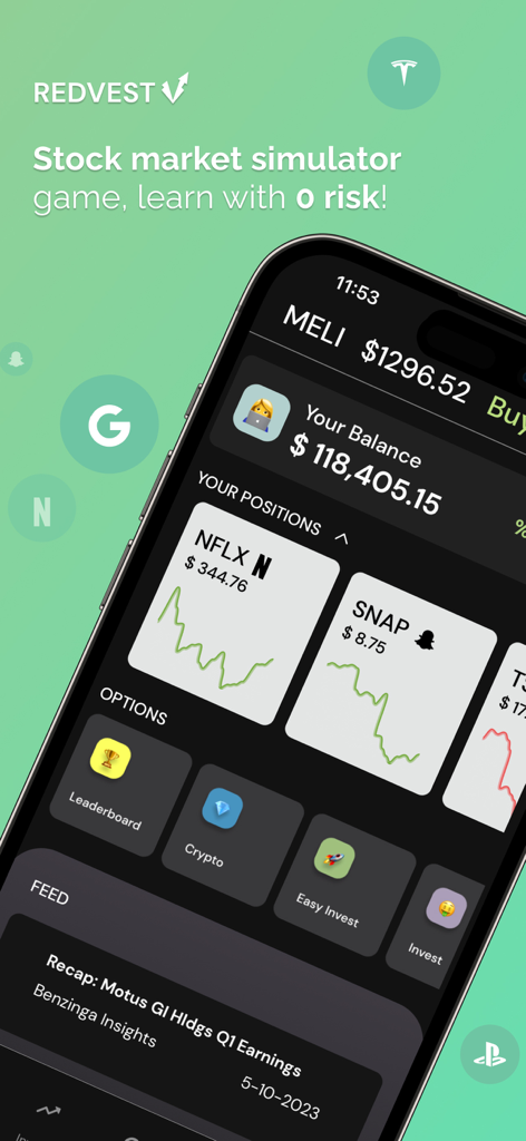 Redvest app interface showing virtual portfolio balance and stock price charts
