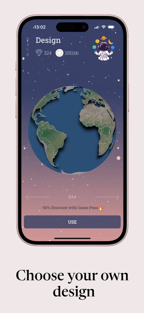 UniHub: Quiz & Trivia Quest - A screen in the UniHub app showing a globe design selection with an astronaut icon and starry background.