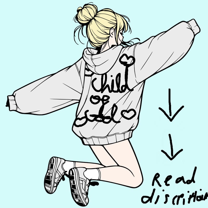 realistic girl jumping with a bun and oversized sweatshirt