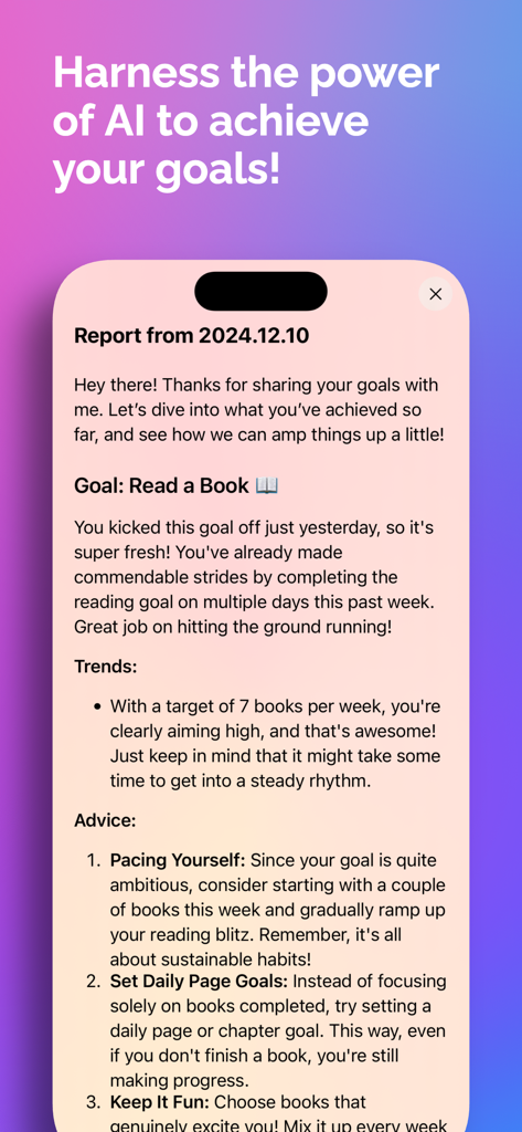 Goal: Habits & Tasks - Screenshot of the Goal app showing a personalized AI coaching report with trends and advice for a reading habit.