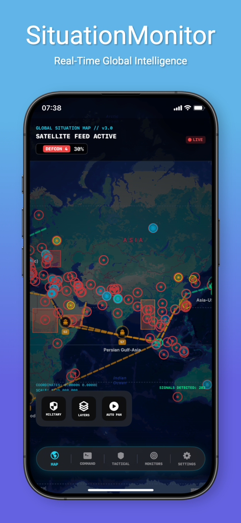 SituationMonitor - SituationMonitor mobile app interface showing a global tactical map with real time intelligence data and satellite feed status