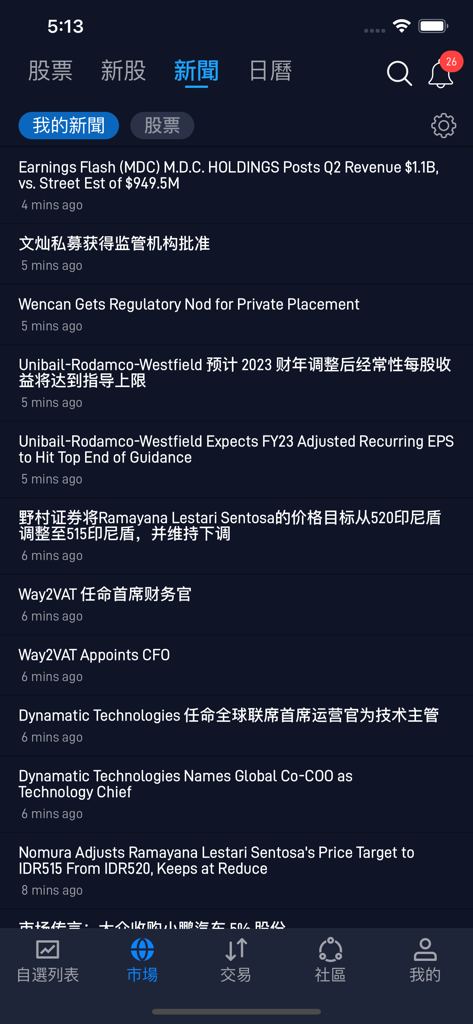 Feed de noticias financieras en la aplicación de negociación Phillip HK que muestra actualizaciones del mercado de valores