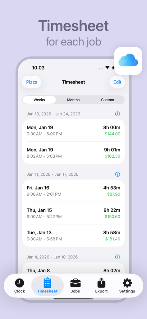 Digital timesheet showing daily work hours and calculated earnings for a professional contractor