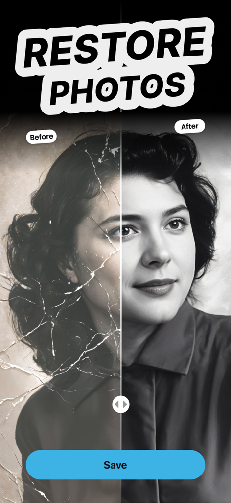 Enhancer & Analyzer: RePixel - Before and after split screen showing a vintage photo restored using RePixel AI