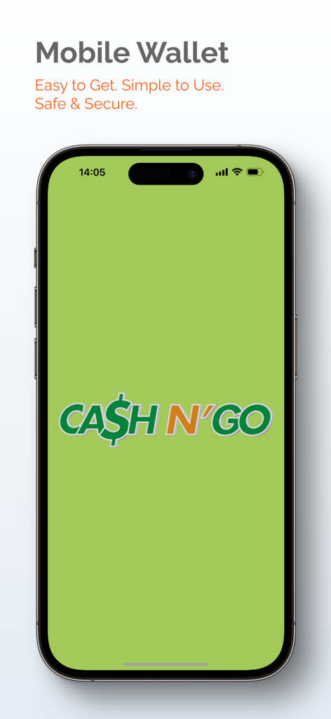 Pantalla de presentación de la billetera móvil Cash N GO con el logo de la marca