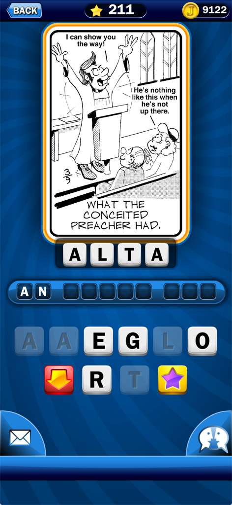 A word puzzle game interface showing a cartoon riddle about a preacher with scrambled letters below to solve.